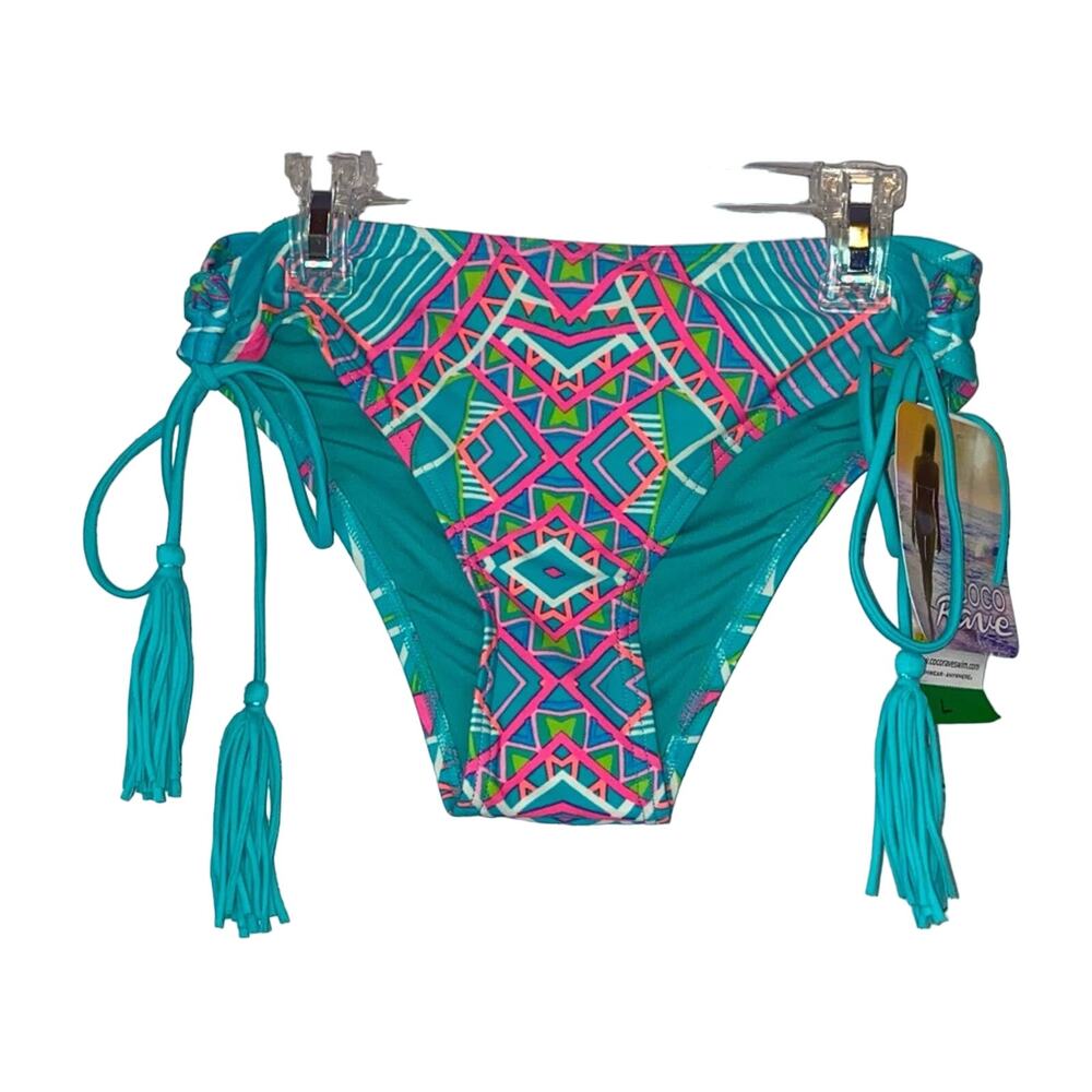 Coco Rave Bikini‎ Bottom Large NWT Tassel Tie Side Geometric Tribal Swim